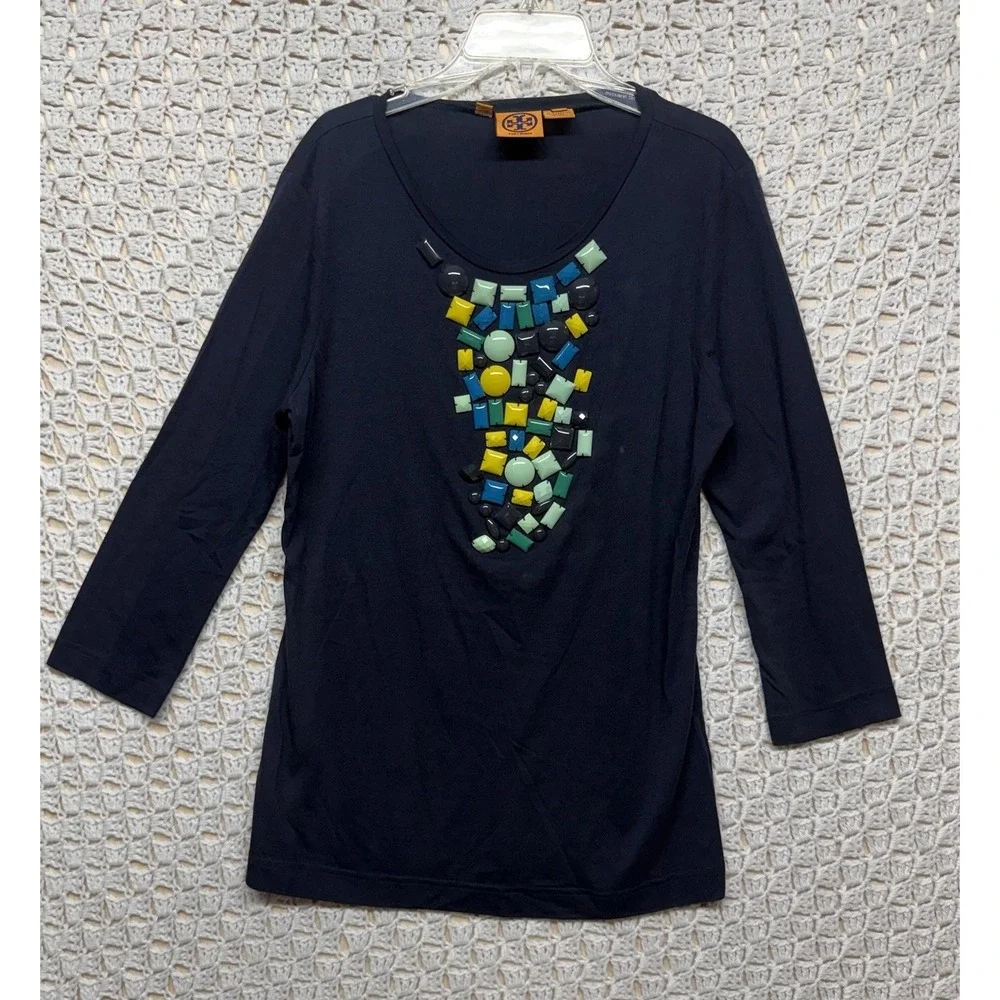 Tory Burch Top Shirt Size M Navy Blue 3/4 Sleeve‎  Bling Cotton Modal  Blouse